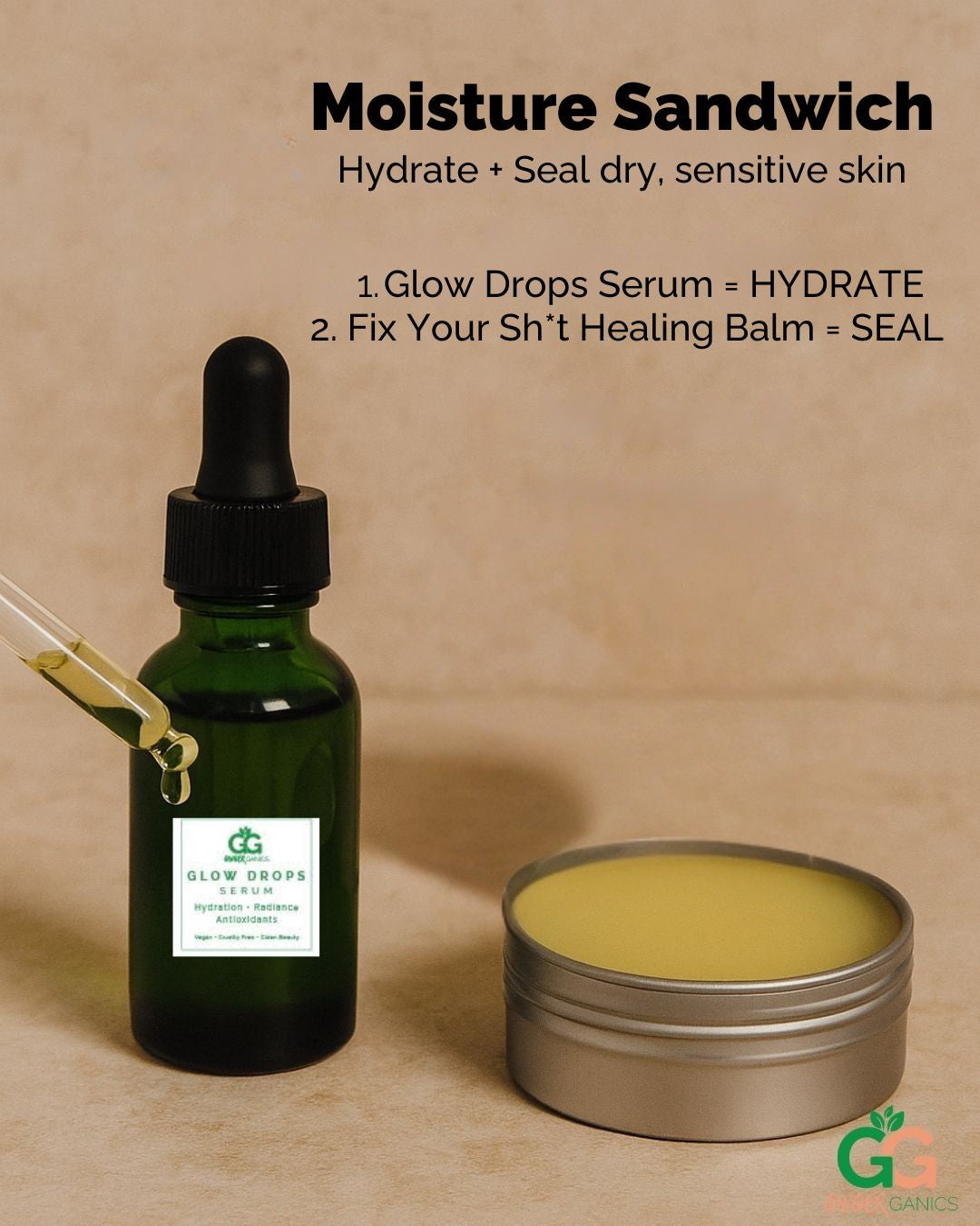 Green serum bottle with dropper and metal container of balm on a beige background, labeled 'Glow Drops'.