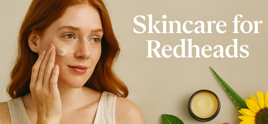 Skincare for redheads text with a redhaired girl patting cream on her cheeks