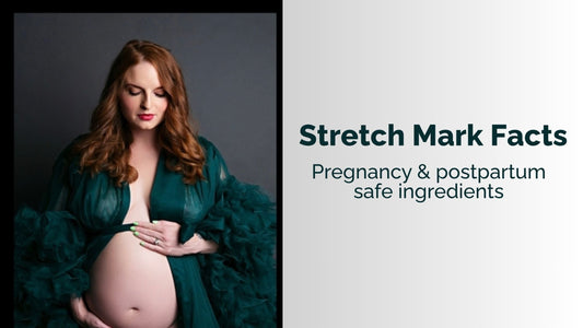 Stretch Mark Facts Pregnancy & postpartum safe ingredients with a maternity photo of a pregnant redhead showing belly