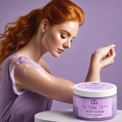 Red head with GingerGanics Body Scrub applied to her arm next to the Body Scrub container on a table